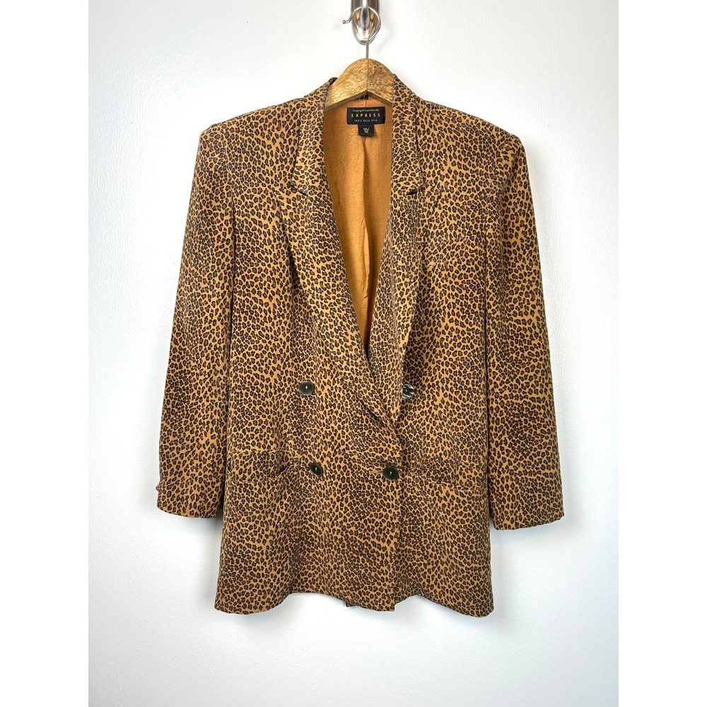 Vintage Express Silk Leopard Print Double Breasted Blazer Jacket XS Brown 90s‎